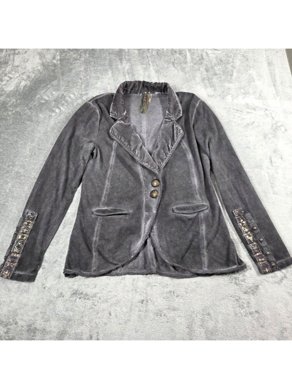 Arattta Silent Journey Blazer Small Gray Military Velvet Trim Whimsigoth Jacket